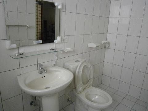 這張照片是一間浴室，最主要的部分是馬桶和洗手台。馬桶是白色的，有蓋子，洗手台也是白色的，上面有一個水龍頭。