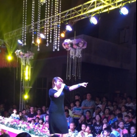 這張照片是一名女性歌手在舞臺上唱歌，她身穿黑色連衣裙，右手握著麥克風，左手指向觀眾，神情投入。舞臺上佈滿了燈光和裝飾，臺下觀眾熱情地觀看演出。