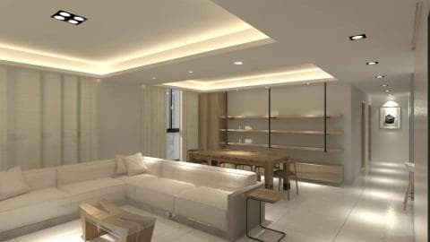 這張「現代居家設計」的照片是簡約風格的客廳，以白色和木色為主調，空間明亮寬敞，有一組白色的沙發和一張木質茶几，以及一個木質餐桌和椅子的用餐區。牆壁上裝設了層架，可以擺放書籍和裝飾品。