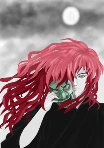 這張照片是一個紅髮女性人物，她手持一個綠色鬼面具，面具的嘴微張，露出鋒利的牙齒，彷彿要吞噬一切。她的臉上有著淡淡的憂鬱，眼神中充滿著複雜的情緒。