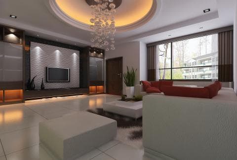 這張「現代客廳」的照片是一個寬敞明亮的客廳，有著大大的落地窗、舒適的白色沙發，以及一個電視牆。 牆上裝飾著波浪形的裝飾，使客廳充滿時尚感。