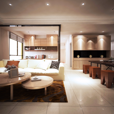 這張「現代化客廳」的照片是一間明亮舒適的客廳，裡面有一個沙發和兩個茶几，還有一些裝飾性的傢俱。