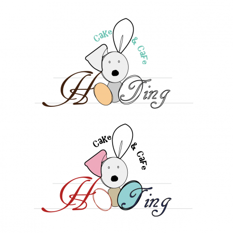 這張照片是兩個可愛的兔子，牠們都坐在蛋糕上，周圍寫著「Cake & Cafe」和「Hopping」的字樣。兔子們都穿著可愛的裝扮，看起來很開心。
