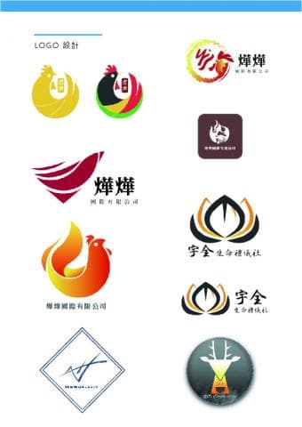 這張照片是幾個不同的商標設計。其中一個商標以一隻紅色公雞為中心，上面寫著「煌煌」兩個字，底下是「國際快餐公司」的字樣。