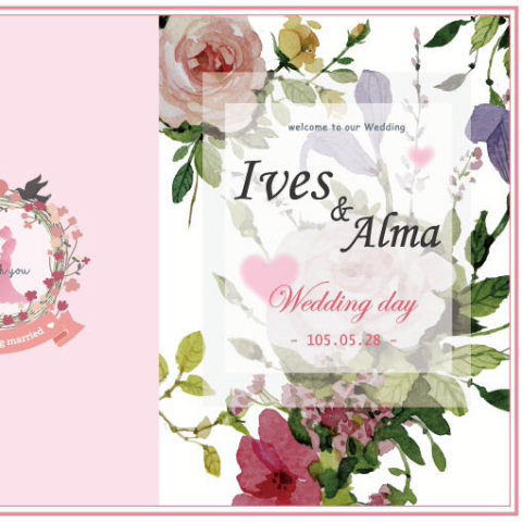 這張「婚禮邀請卡」的照片是 Ives 和 Alma 的婚禮邀請卡，上面有許多花卉圖案和婚禮日期。