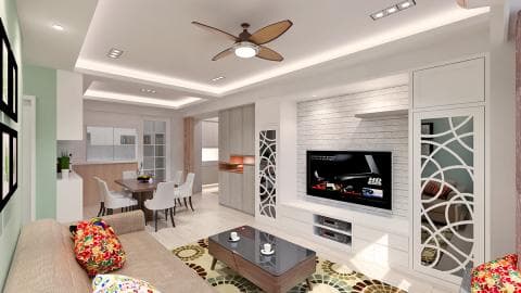 這張照片是一個現代化的客廳，最重要的是電視牆。電視牆採用白色磚塊裝飾，搭配白色櫃體，並帶有白色鏤空設計，整體設計簡潔大方，充滿現代感。