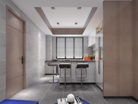 這張照片是一個現代化的廚房，廚房中央有一個木質吧檯，吧檯上擺放著三張高腳凳。