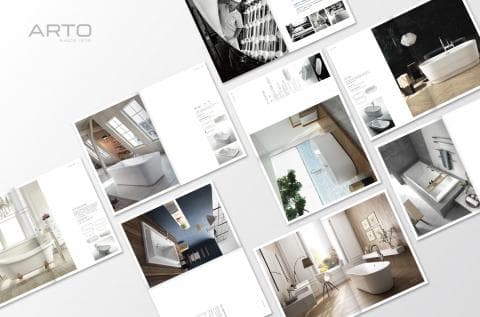 這張照片是一本以白色為底色的浴缸產品目錄。目錄展示了多個不同風格的浴缸，以及周圍的裝飾，讓消費者能更直觀地瞭解產品的使用情境。