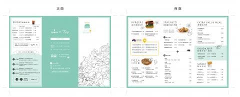 這張照片是一個雙面的菜單，一面是「正」，一面是「翻」。正面的菜單有「Drinks & Toppings」、「Burgers」、「Pizza」、「Pasta」、「Salad」、「Sanwich」等餐點，並附有價格和說明。