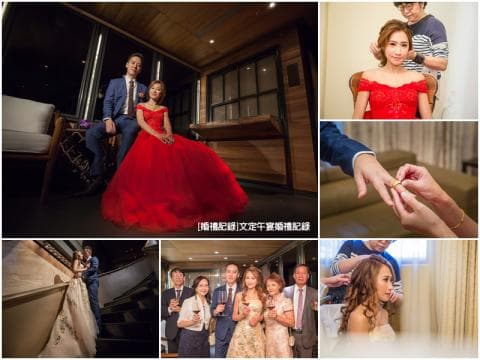 這張「婚禮」的照片是一個婚禮，有新郎、新娘，還有親朋好友。照片中還有婚禮的籌備過程，例如新娘化妝和新人交換戒指的畫面。