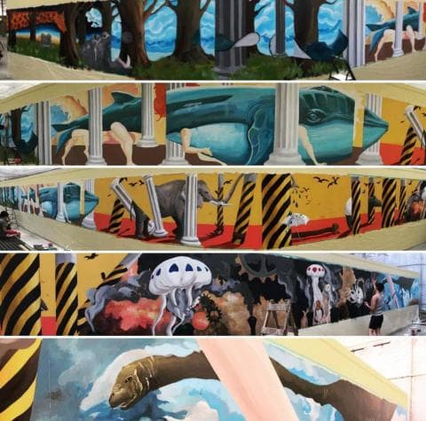 這張「壁畫」的照片是一組以不同的主題繪製的藝術作品，包括海洋生物、動物和抽象圖案。