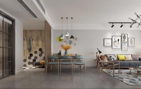 這張「現代風格住宅」的照片是一個開放式客廳和餐廳空間，中間以木質隔板作為分隔。客廳的特色是灰色沙發，上面擺放著鮮豔的抱枕，以及一張木質扶手椅。餐廳則擁有木質餐桌和藍色的餐椅，上面懸掛著幾盞吊燈。牆壁上裝飾著幾幅畫作，營造出溫馨舒適的氛圍。