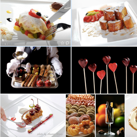 這張「美食」的照片是各種不同的甜點，包括水果、蛋糕、餅乾和巧克力。