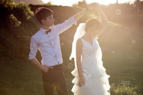 這張照片是一對情侶在戶外拍攝婚紗照。他們站在一片綠色的草地上，陽光灑落在他們身上，使畫面充滿浪漫的氛圍。新娘穿著美麗的婚紗，新郎穿著白色襯衫，兩人手牽著手，相互依偎，幸福洋溢。