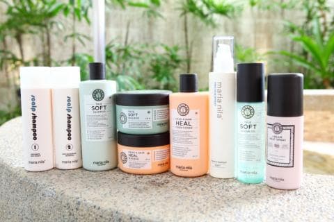 這張「護髮產品」的照片是 Maria Nila 的髮品系列，包括洗髮精、護髮素、髮油和護髮霜等。