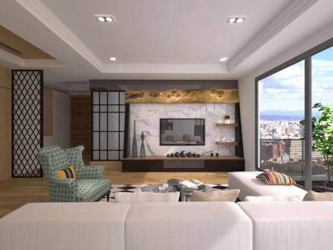 這張「客廳」的照片是一間現代化的公寓，有電視、沙發、一個大窗戶可以看見城市風景，以及一個裝飾性的木頭梁。