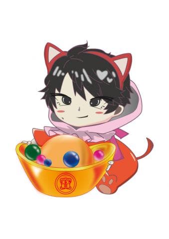 這張照片是一個穿著粉色外套的可愛卡通人物，他拿著一個裝滿元寶的金色盤子。