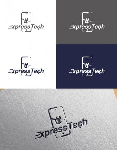 這張照片是一個手機維修公司的商標。商標以黑色線條繪製，呈現一個手機外型，手機內有扳手，代表維修概念。商標下方印有 “ExpressTech”，代表公司名稱。