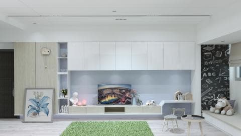 這張照片是一個現代化的客廳，主要特色是牆上的一個黑板，上面有許多用白色粉筆寫的字母、數字和圖案，顯示出這裡是一個孩子們玩耍和學習的空間。