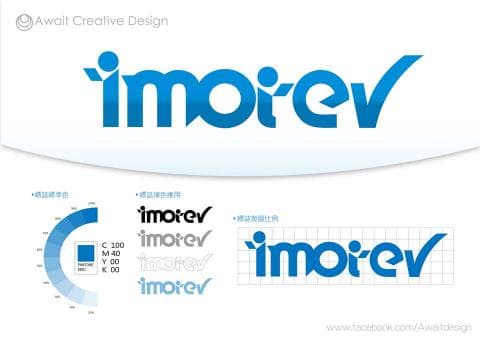 這張照片是一個藍色的公司標誌，標誌的名字是 imorev，其中 “i” 字的形狀像一個小人，而 “v” 字的形狀像一個勾選符號。