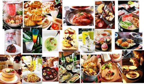 這張「美食」的照片是各種食物的集合，有甜點、主食、飲料、小吃等等，看起來非常美味。