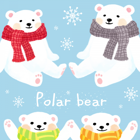 這張照片是四隻可愛的北極熊，每隻都戴著不同的圍巾，圍巾的顏色很鮮豔，而且還有許多雪花在他們周圍飛舞。