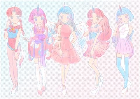 這張照片是五個穿著可愛服裝的女孩，她們都戴著角，像是獨角獸。她們的服裝色彩繽紛，非常可愛。