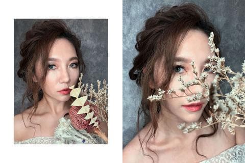 這張「婚紗照」的照片是一個新娘，她穿著白色婚紗，頭戴著花飾，面帶微笑。她看起來很美麗和幸福。