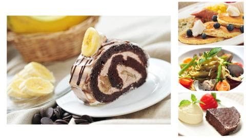 這張「甜點」的照片是香蕉巧克力蛋糕卷，旁邊放著香蕉片，旁邊是三張照片，分別是煎餅，義大利麵和布丁蛋糕。