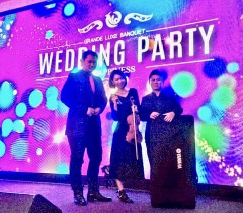 這張「婚禮派對」的照片是兩個穿著正式服裝的音樂家，一個是鋼琴家，另一個是小提琴手。背景是舞臺上的婚禮派對宣傳，上面寫著 WEDDING PARTY。