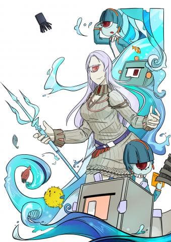 這張照片是一個穿著白色上衣的女性角色，她正在使用三叉戟戰鬥，周圍有大量水流。