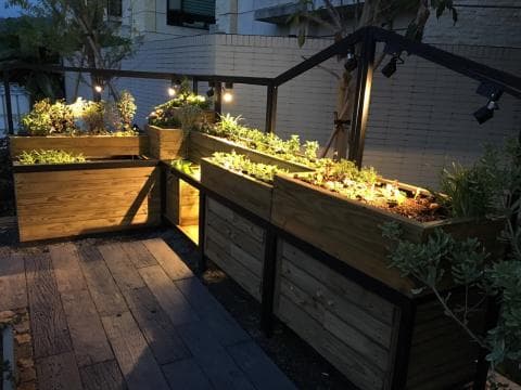 這張照片是一個木頭打造的種植架，裡面種滿了各式各樣的綠色植物，整體設計簡潔又自然。