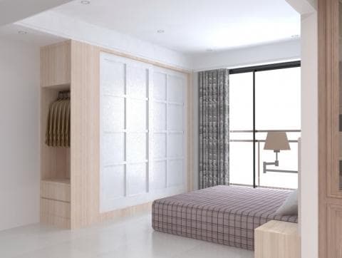 這張「臥室」的照片是 一個簡單、乾淨的臥室，帶有衣櫃、床和窗戶。