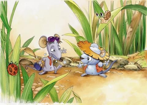 這張照片是一隻戴著太陽眼鏡的灰色老鼠和一隻戴著帽子、穿著紅色背心的老鼠。灰色老鼠正在拿著一個公事包，而另一隻老鼠則用牠的右爪指向前方。