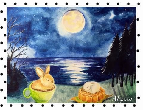 這張照片是一幅水彩畫，畫中有兩隻兔子，一隻在綠色茶杯裡睡覺，另一隻在一個橘色的月餅上睡覺。