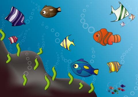 這張照片是一幅海底世界，圖片中有各種各樣的魚和水草，其中最引人注目的就是一隻藍色的魚，它有著鮮豔的藍色和黃色，以及一個可愛的微笑。