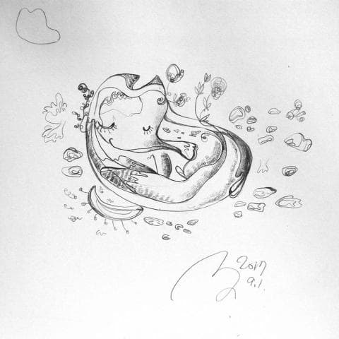 這張照片是一個用鉛筆繪製的圖畫，其中最重要的是一對依偎在一起的動物。一隻動物看起來像一隻貓，另一隻看起來像一隻狗，它們被畫成一個擁抱的姿勢，暗示著愛與關懷。