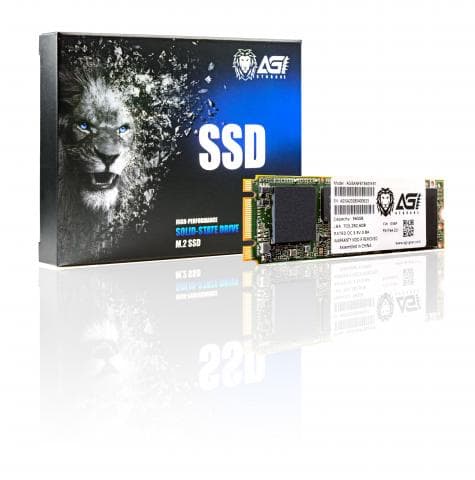這張照片是一個 M.2 SSD 硬碟，以及它的包裝盒。SSD 硬碟是一個長方形的黑色電路板，上面有許多晶片，旁邊有包裝盒，包裝盒是黑色的，上面印著一個獅子的頭像，以及 SSD 字樣。