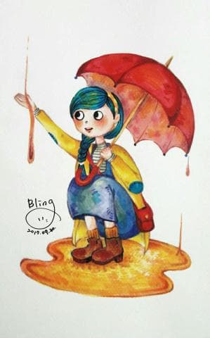 這張照片是一個女孩站在水坑裡，她撐著一把紅色雨傘，雨水正在滴落。