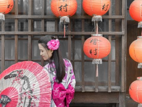 這張「傳統中式風格」的照片是一位年輕女性，她穿著華麗的傳統服裝，手持一把彩色紙傘，身後掛滿了紅色的燈籠，營造出濃鬱的東方風情。