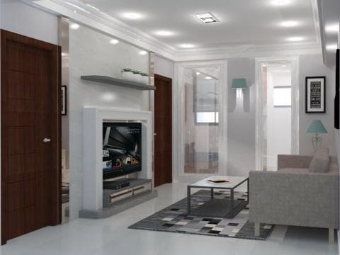 這張「現代客廳」的照片是一個白色的房間，有電視、沙發、茶几，以及一個木質的門。