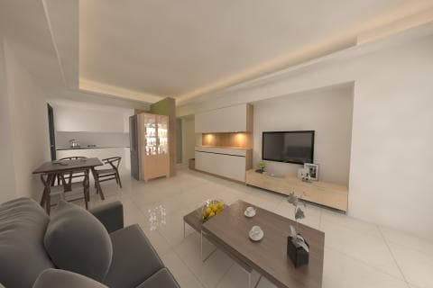 這張「客廳」的照片是一間簡約的現代化公寓，照片裡有一張沙發、一張茶几、一臺電視、以及一個餐桌。