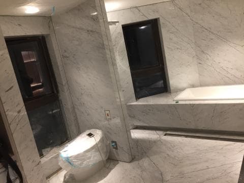 這張照片是一個用白色大理石裝飾的浴室，浴室裡有一個浴缸和一個馬桶。