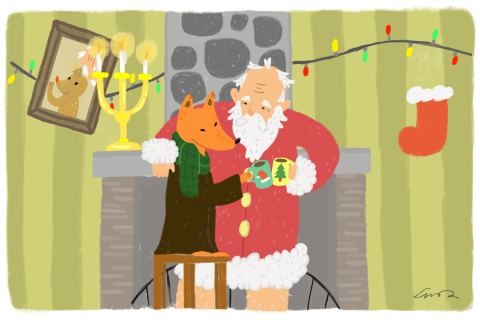 這張照片是聖誕老人和一隻狐狸在壁爐前喝熱飲。