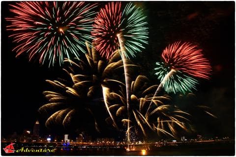 這張「煙火」的照片是夜空中綻放的各種不同顔色的煙火，它們照亮了黑夜，充滿了節慶的氣氛。