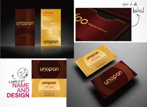 這張照片是一張名片設計，以紅色和金色為主色調，搭配簡潔的字體，突顯品牌名稱“unopan”。
