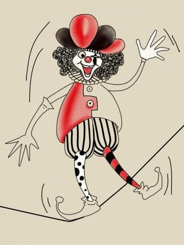 這張照片是一個小丑正在走鋼索。他戴著紅黑相間的帽子，穿著紅白相間的衣服，並且他的褲子上有黑白條紋。他看起來很開心，並且正在向觀眾揮手。