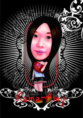 這張「卡通人物」的照片是一位長髮女生，她穿著紅色的上衣和黑色的短裙，站在黑色的背景中。