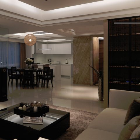 這張照片是一個現代化的客廳，最顯眼的地方是客廳中央的黑色茶几，茶几上有書籍和裝飾品。