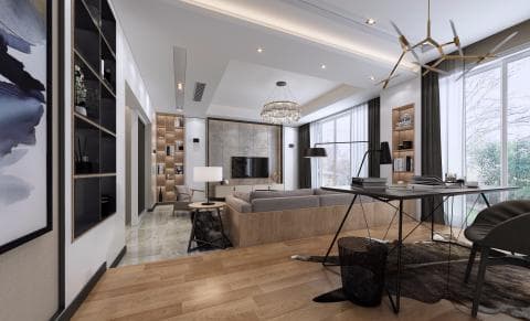 這張「現代風格客廳」的照片是，一個有大型落地窗和木質地板的空間，配有舒適的沙發和一張黑色書桌。